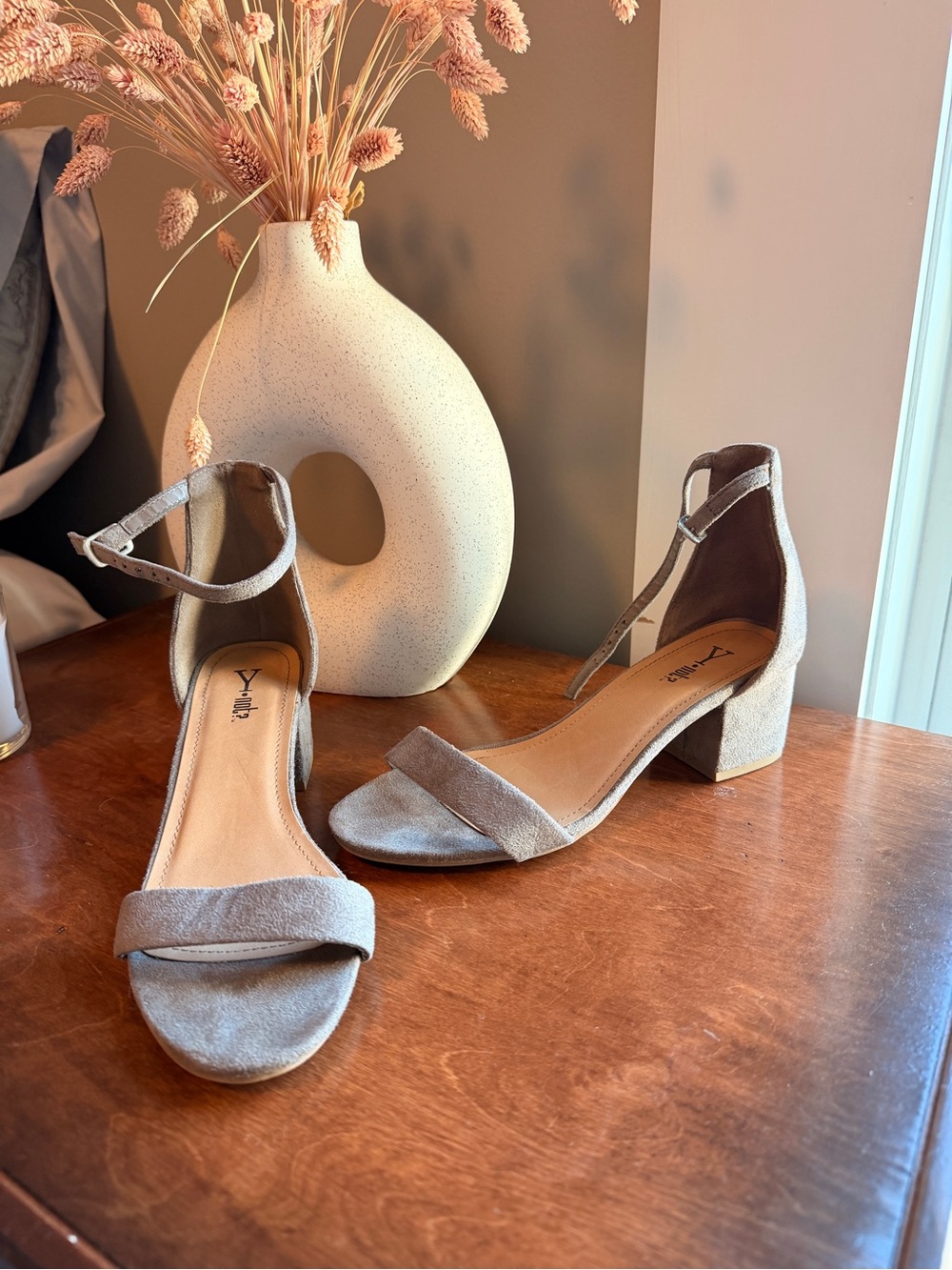 Beige Suede Block Heel Sandals with Ankle Strap